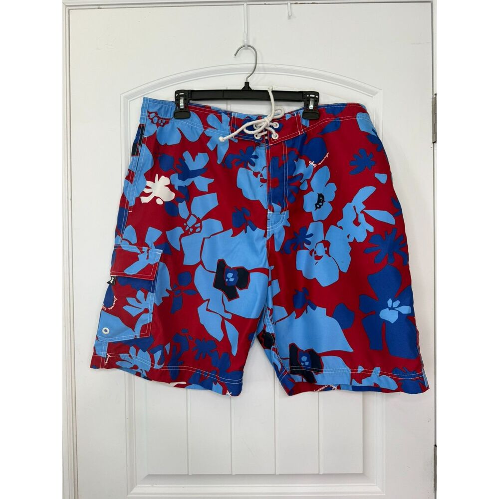 American Eagle Men's Board Shorts Size 38 Y2K Hawaiian Blue Red Swim Trunks VTG